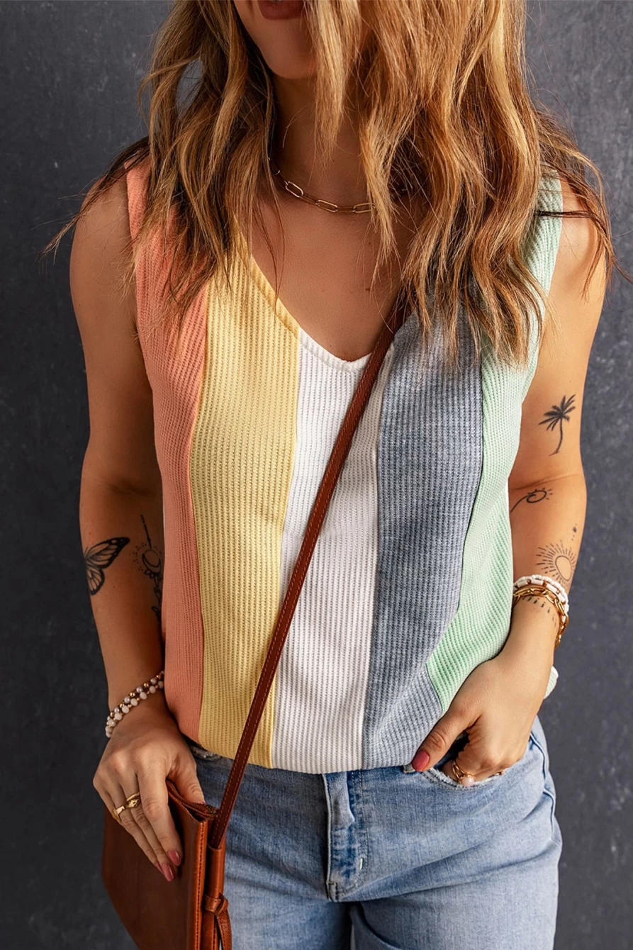 Shewin Women's Multicolor V-Neck Waffle Knit Tank Top - Color Block Casual Summer Top