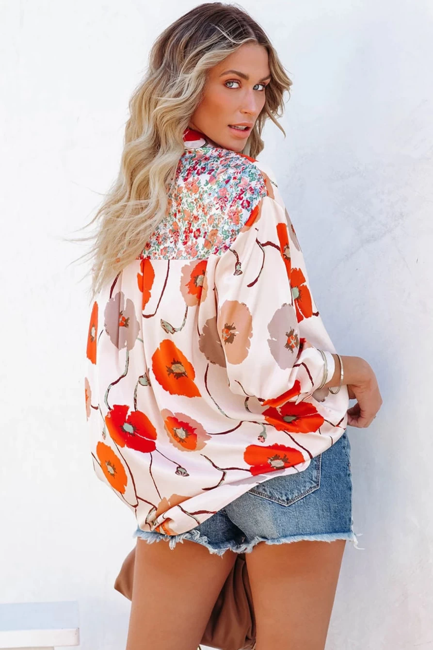 Women's Shewin Red Bohemian Floral Patchwork Button-Up Shirt with Pockets