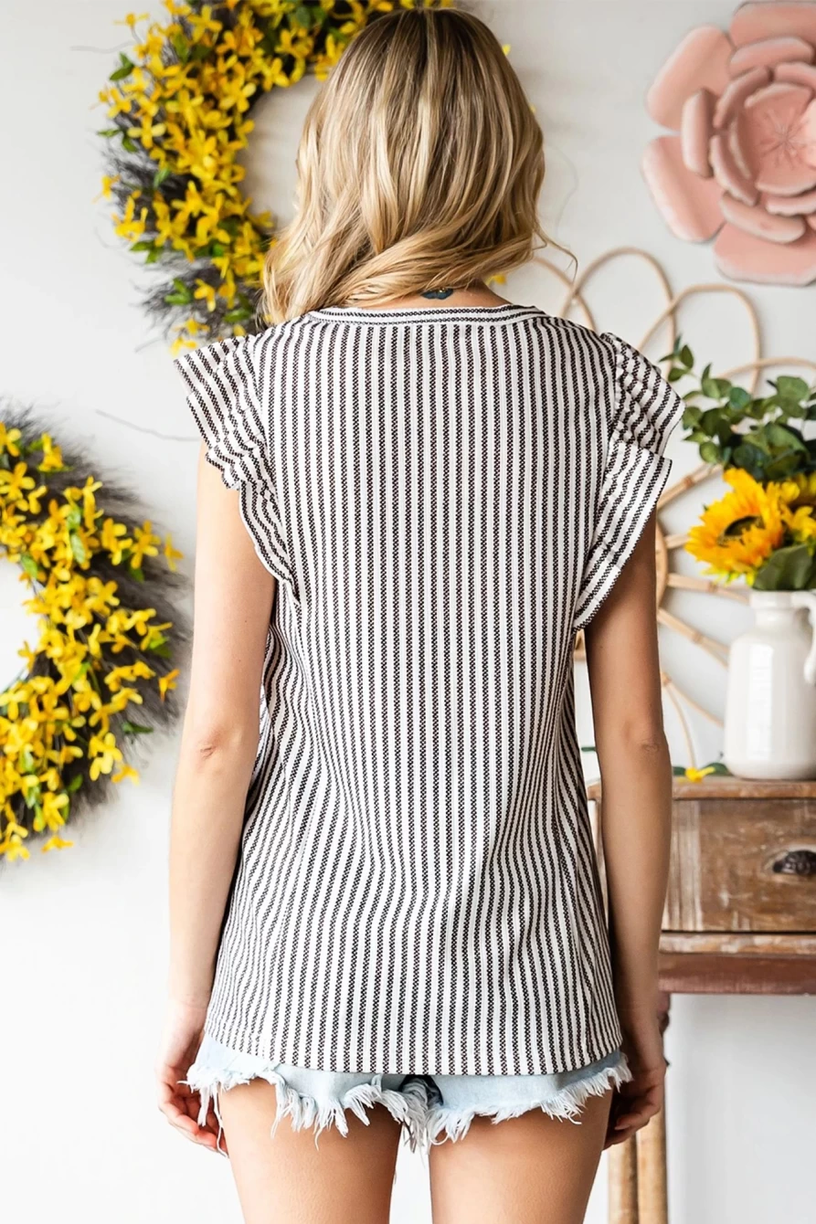 Shewin Women's Gray Casual Summer Top with Striped Print and Ruffle Detail