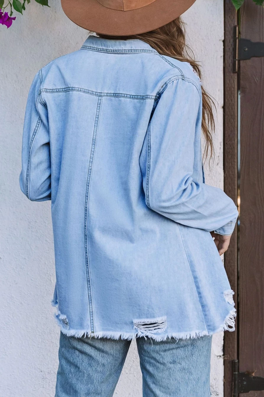 Women's Sky Blue Ripped Raw Hem Denim Shacket - Shewin Casual Button Up Jacket