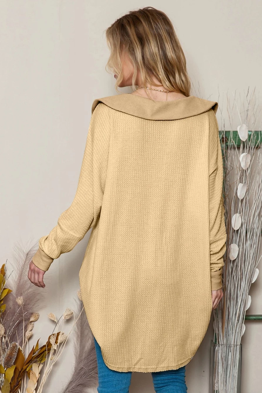 Shewin Women's Apricot Waffle Pocket Patchwork Loose Knit Top