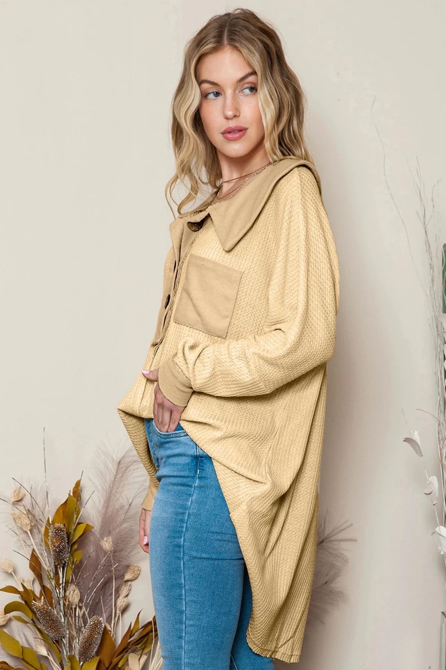 Shewin Women's Apricot Waffle Pocket Patchwork Loose Knit Top