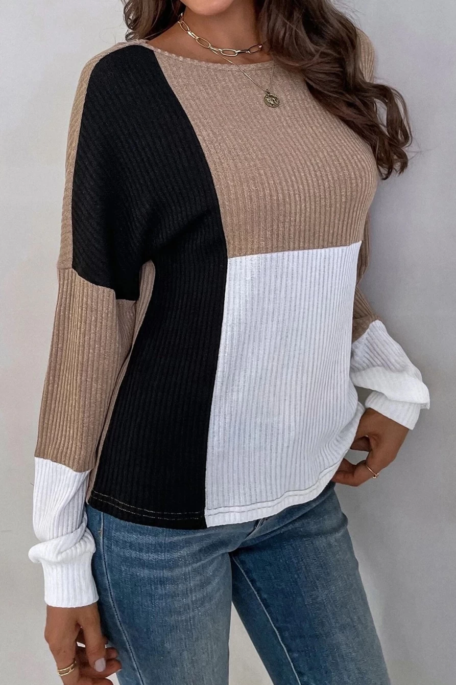 Shewin Women's Parchment Ribbed Knit Color Block Drop Shoulder Top