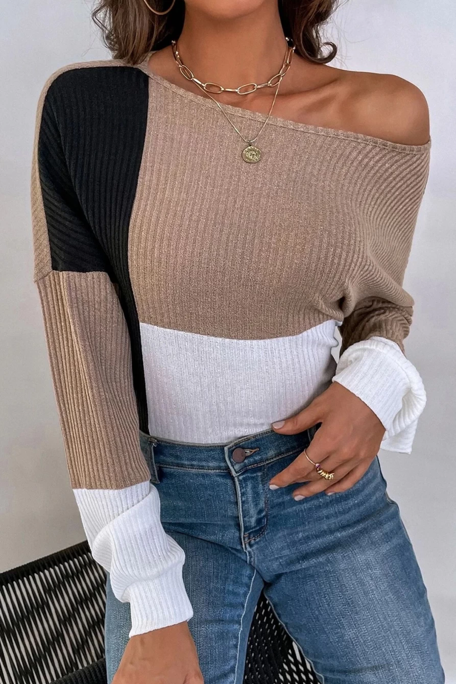 Shewin Women's Parchment Ribbed Knit Color Block Drop Shoulder Top
