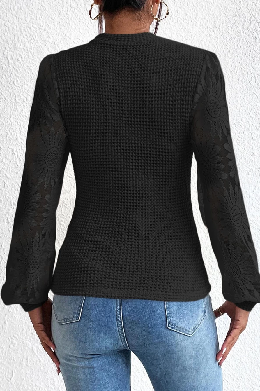 Shewin Women's Black Sunflower Mesh Long Sleeve Waffle Knit Top