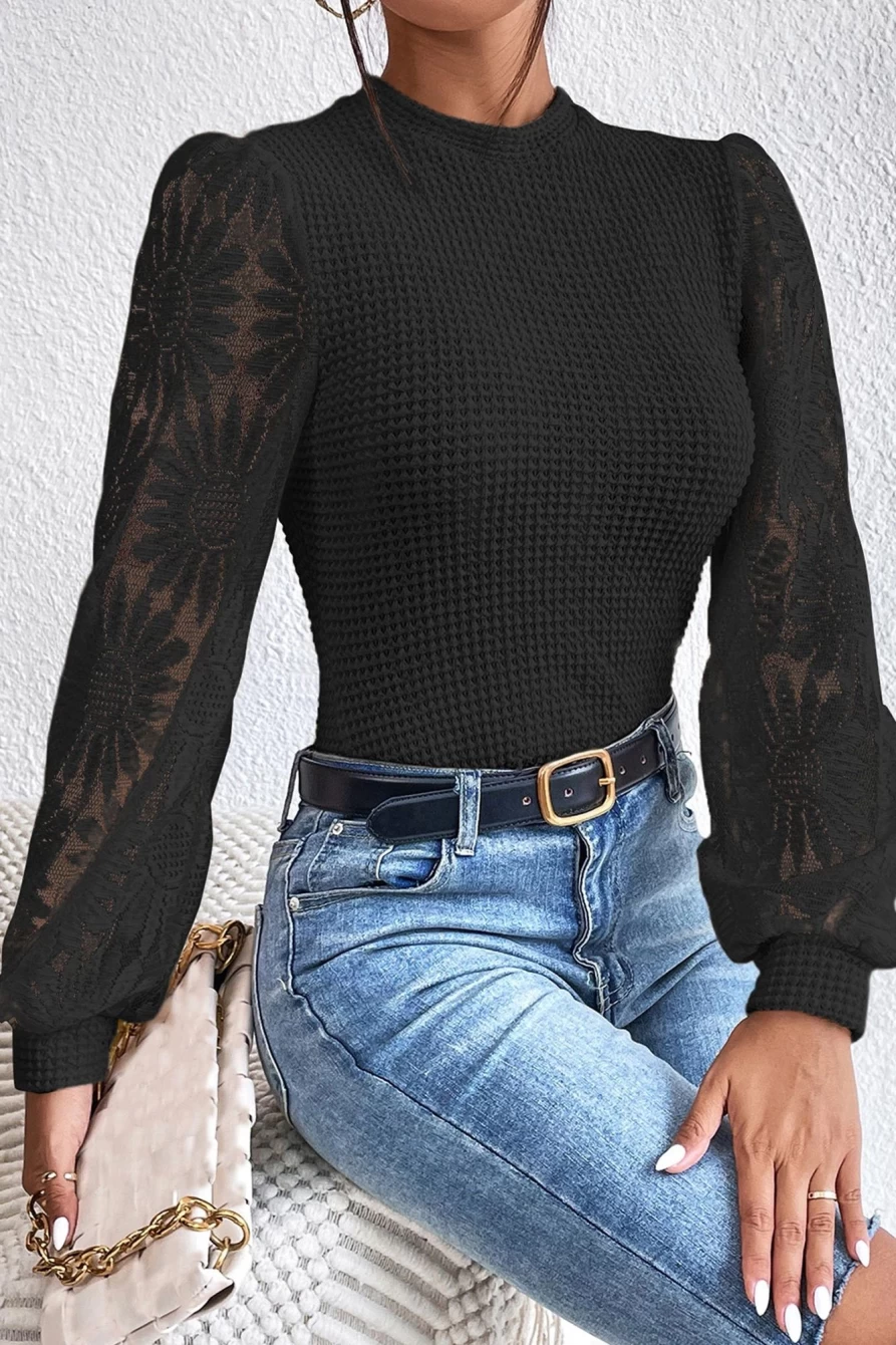 Shewin Women's Black Sunflower Mesh Long Sleeve Waffle Knit Top