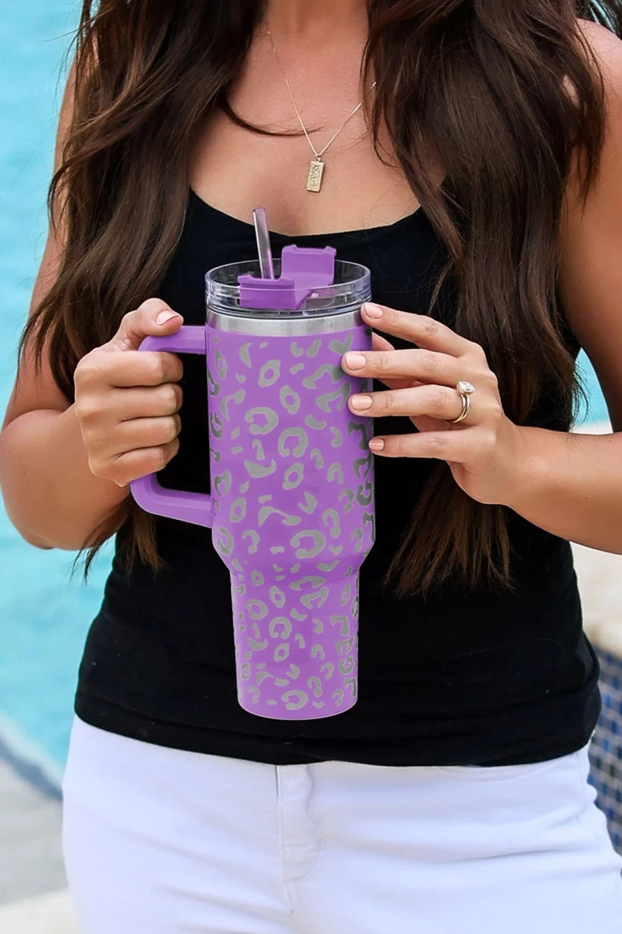 Shewin Purple Leopard 304 Stainless Steel Double Wall Insulated Tumbler Mug with Handle for Women