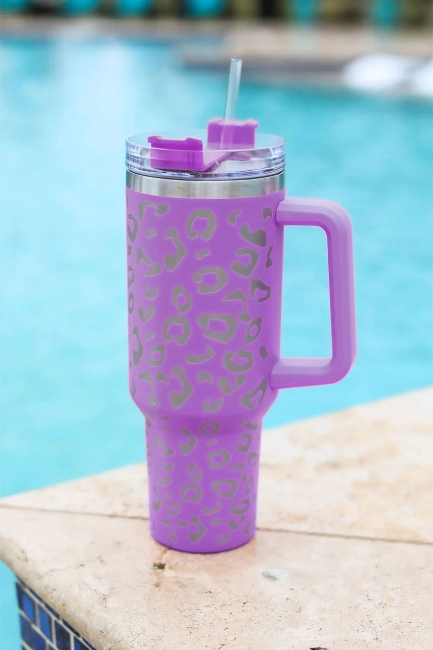 Shewin Purple Leopard 304 Stainless Steel Double Wall Insulated Tumbler Mug with Handle for Women