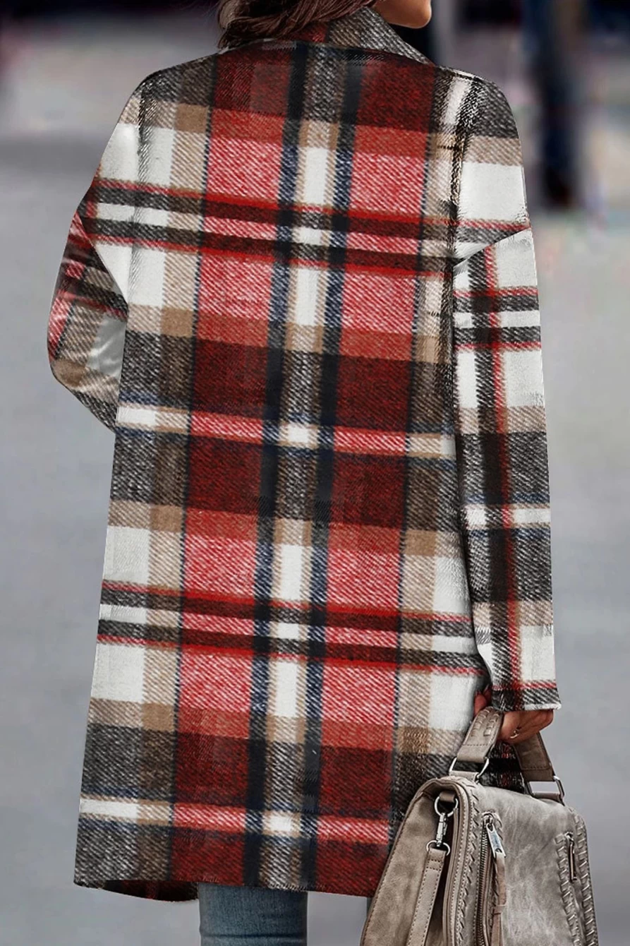 Women's Red Buffalo Plaid Button-Up Lapel Jacket by Shewin - Stylish Flannel Shirt Coat for Fall