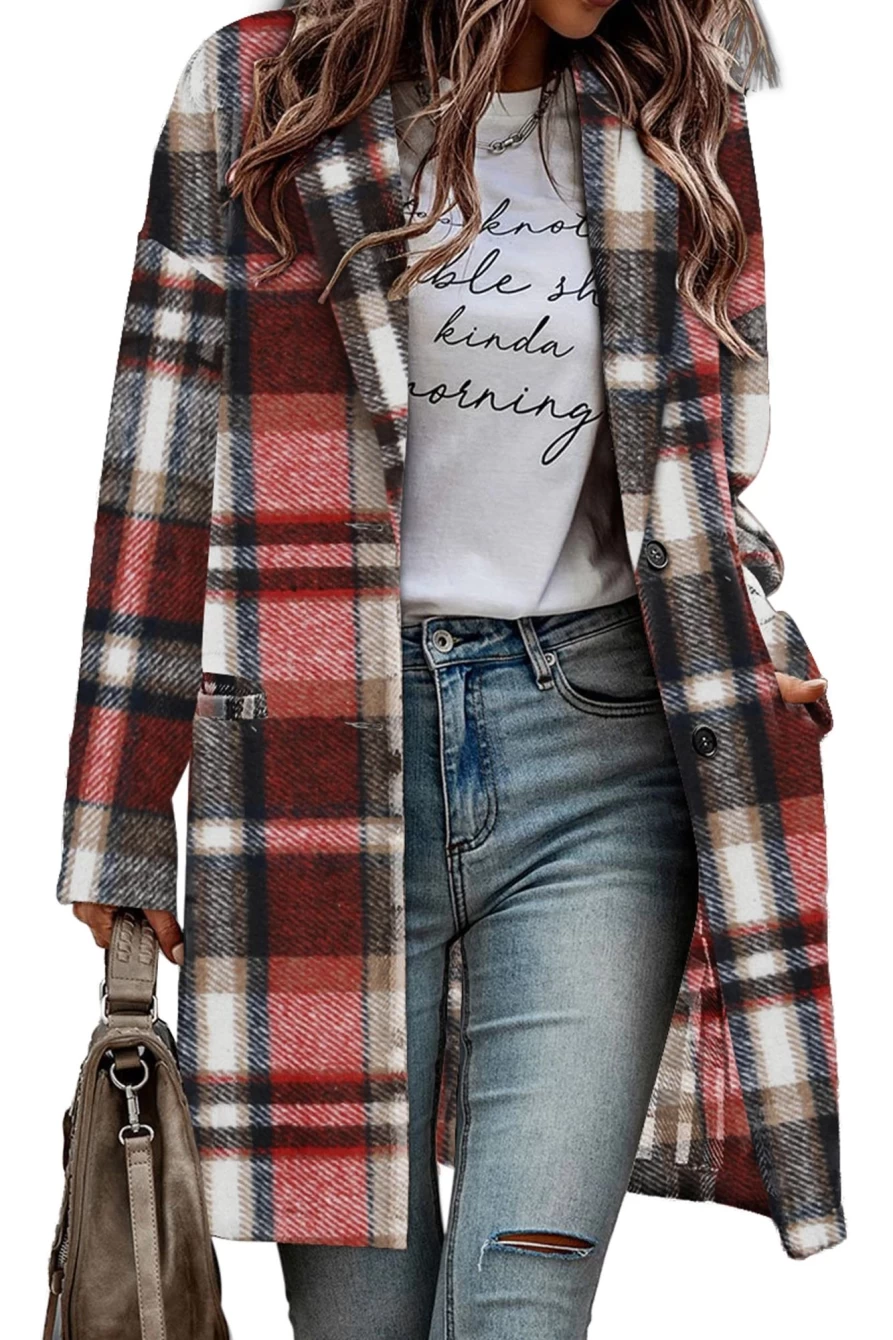 Women's Red Buffalo Plaid Button-Up Lapel Jacket by Shewin - Stylish Flannel Shirt Coat for Fall