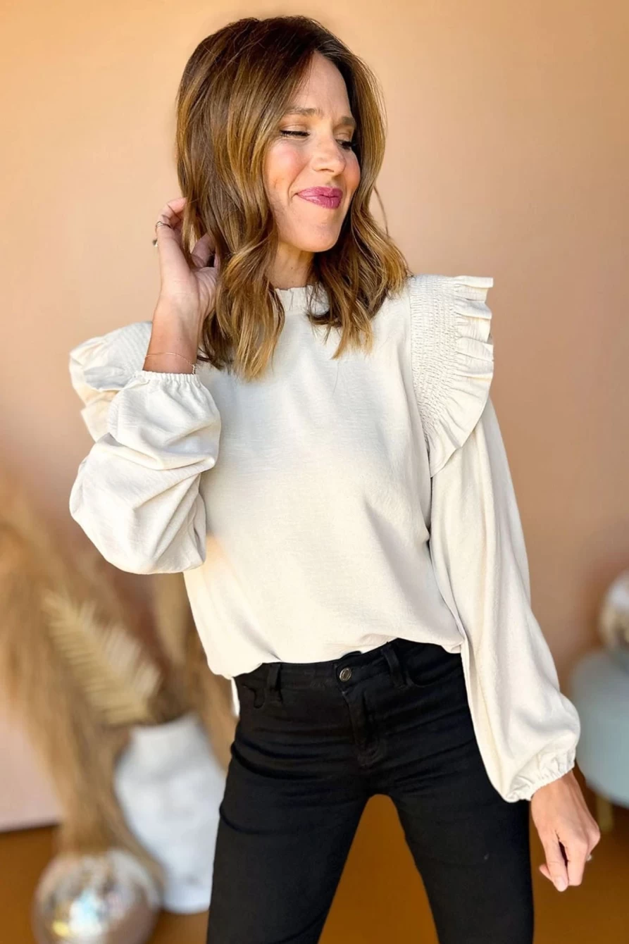 Shewin Women's White Frilled Neck Blouse with Ruffled Trim and Bubble Sleeves