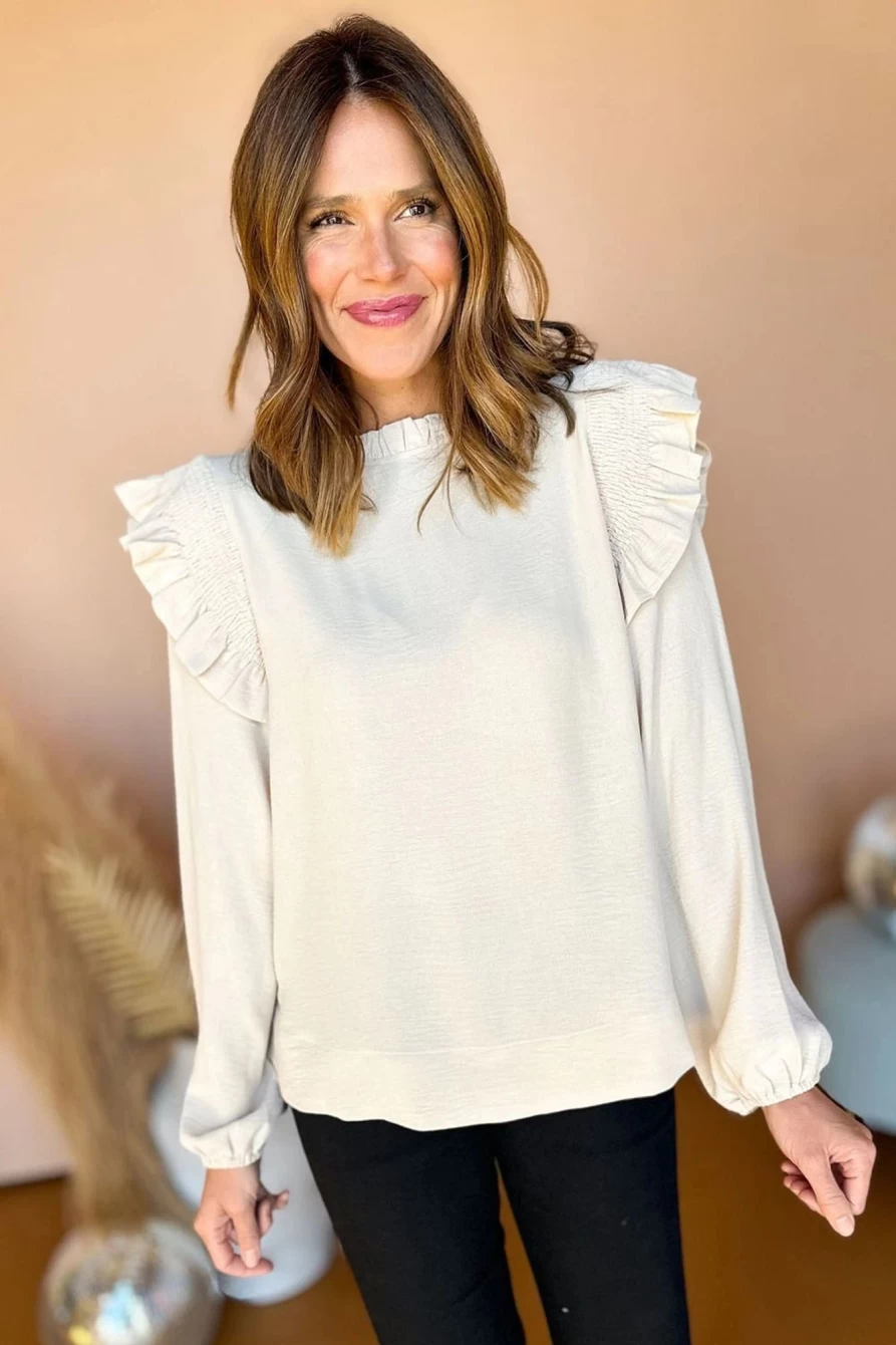 Shewin Women's White Frilled Neck Blouse with Ruffled Trim and Bubble Sleeves