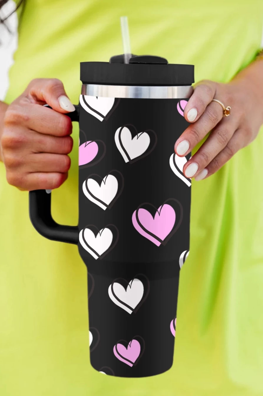 Shewin Black Heart Printed Thermos Cup for Women - Valentine's Day Gift with Handle