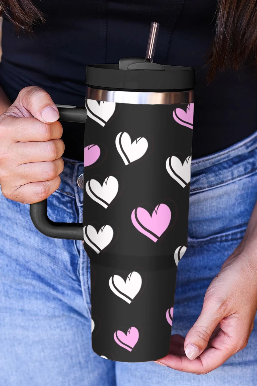 Shewin Black Heart Printed Thermos Cup for Women - Valentine's Day Gift with Handle