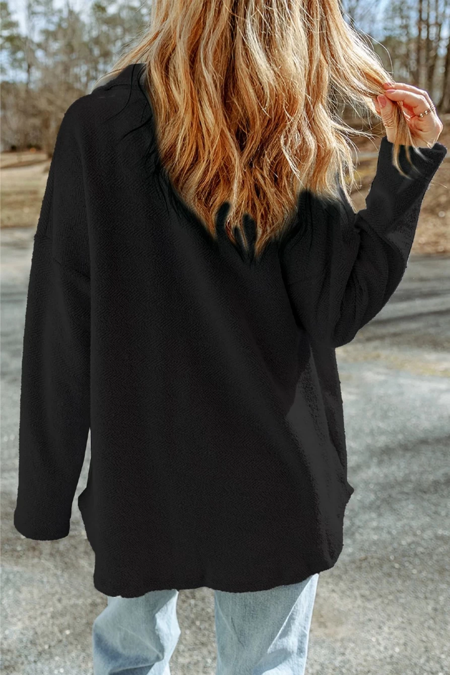 Women's Black Textured Button-Up Shacket with Flap Pockets by Shewin