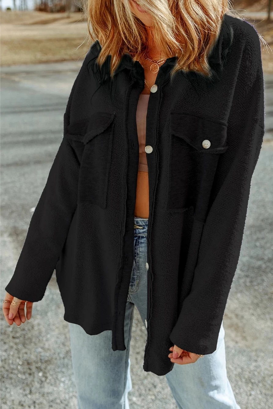Women's Black Textured Button-Up Shacket with Flap Pockets by Shewin