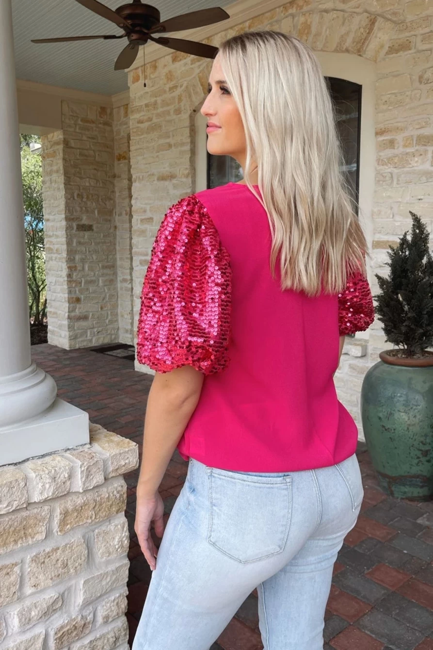 "Shewin Women's Rose Red Sequins Puff Sleeve T-Shirt with Splicing Detail"