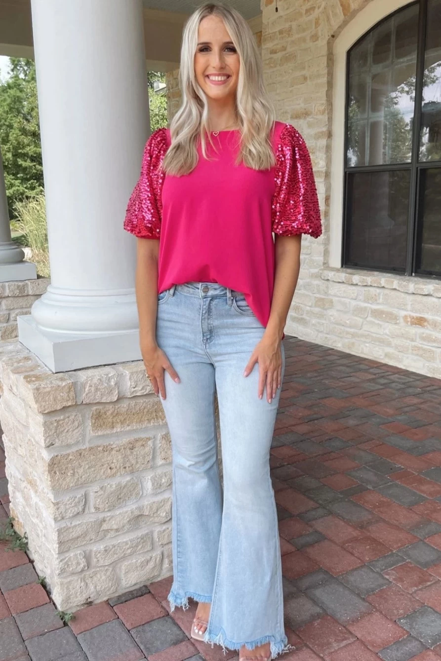 "Shewin Women's Rose Red Sequins Puff Sleeve T-Shirt with Splicing Detail"