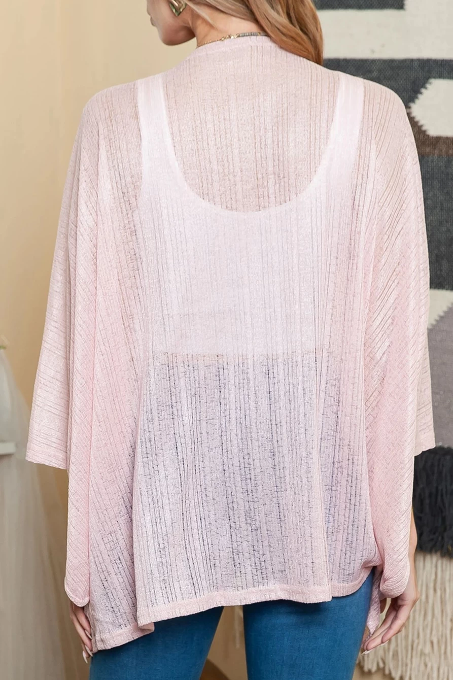 Women's Pink Sheer Lightweight Knit Long Sleeve Open Front Cardigan by Shewin