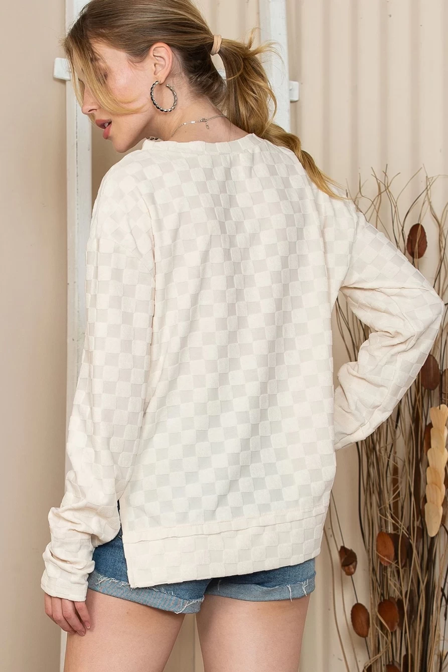 Shewin Women's Beige Checkered Furry Thumbhole Long Sleeve Top
