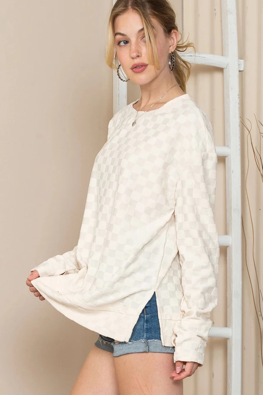 Shewin Women's Beige Checkered Furry Thumbhole Long Sleeve Top
