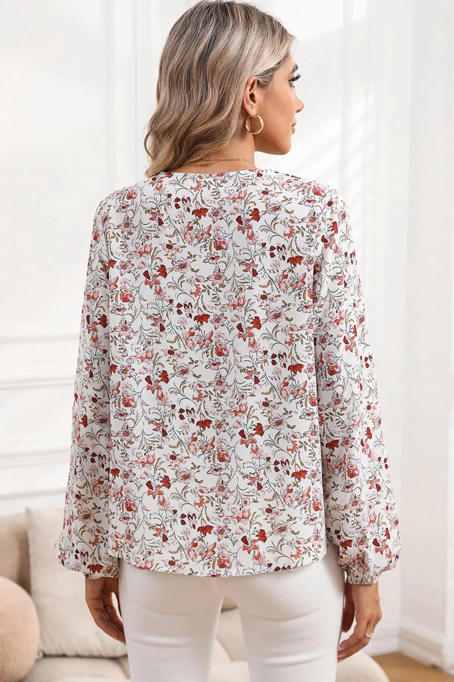 Shewin Women's White Floral Lace V-Neck Long Sleeve Blouse