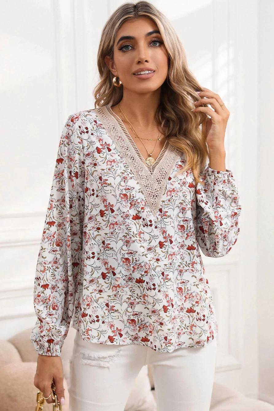 Shewin Women's White Floral Lace V-Neck Long Sleeve Blouse