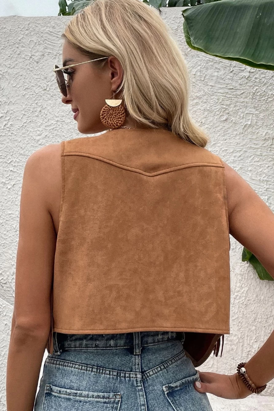 Shewin Women's Camel Suedette Fringed Cropped Vest with Snap Button Front