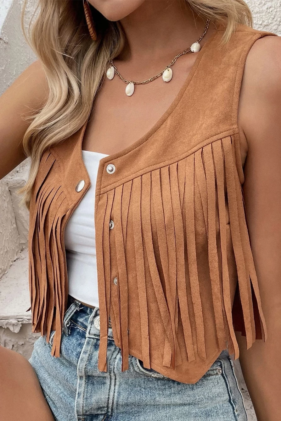 Shewin Women's Camel Suedette Fringed Cropped Vest with Snap Button Front