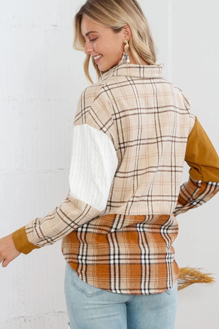 Women's Orange Plaid Shacket by Shewin - Color Block Patchwork Pocket Shirt Jacket