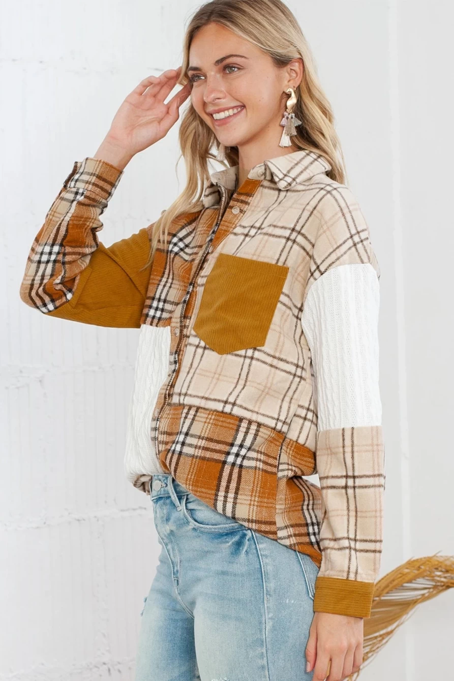 Women's Orange Plaid Shacket by Shewin - Color Block Patchwork Pocket Shirt Jacket