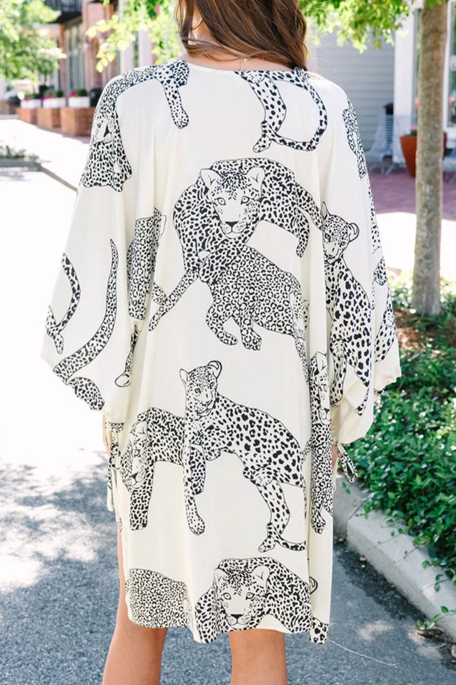 Women's White Cheetah Print Kimono Cardigan - Shewin Open Front Loose Fit Cover Up