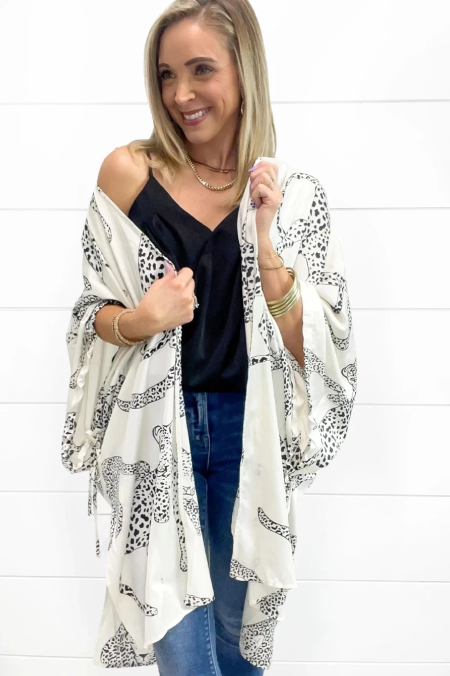 Women's White Cheetah Print Kimono Cardigan - Shewin Open Front Loose Fit Cover Up