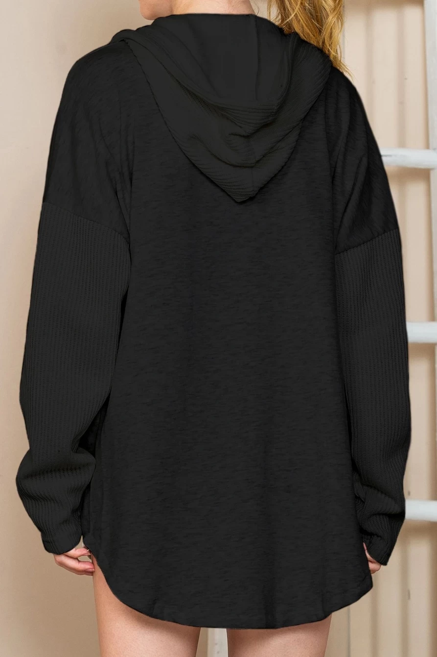 Shewin Women's Black Crochet Button-Up Hoodie with Knitted Sleeves