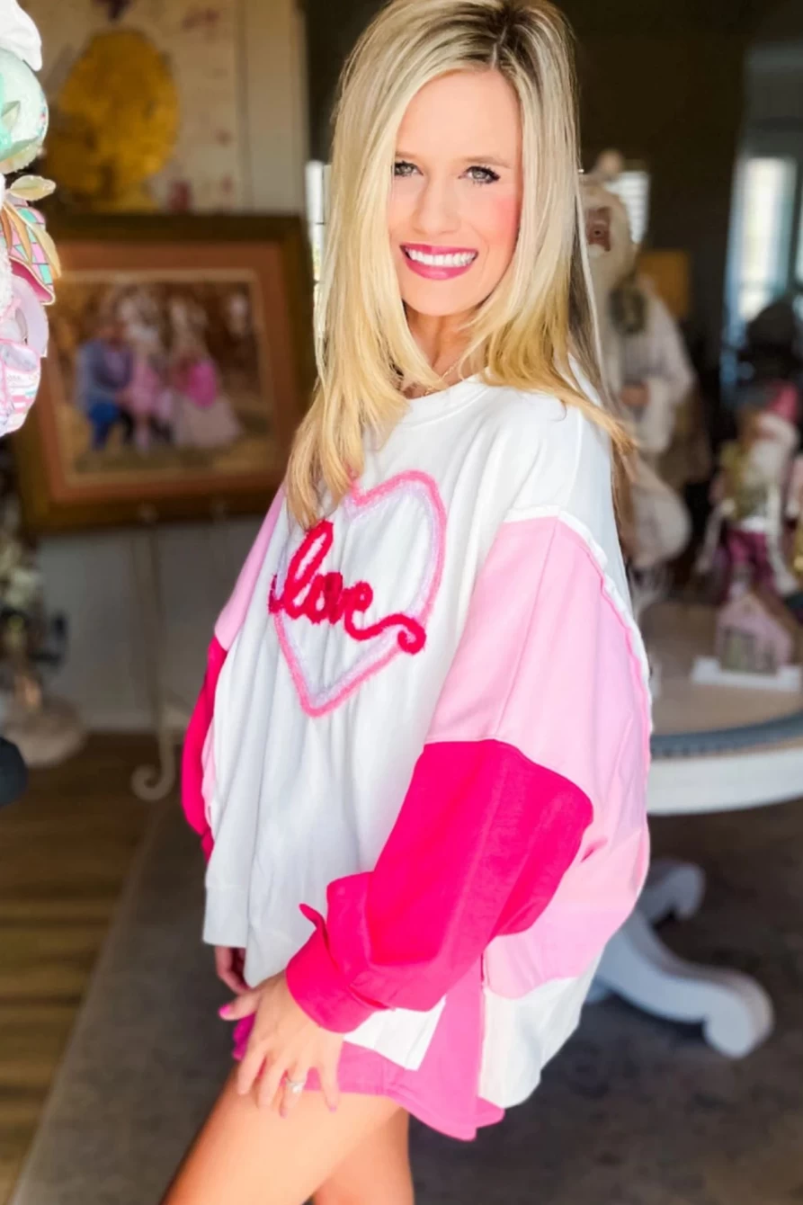 "Shewin Women's White Color Block Sweatshirt with Tinsel Love Heart Graphic"