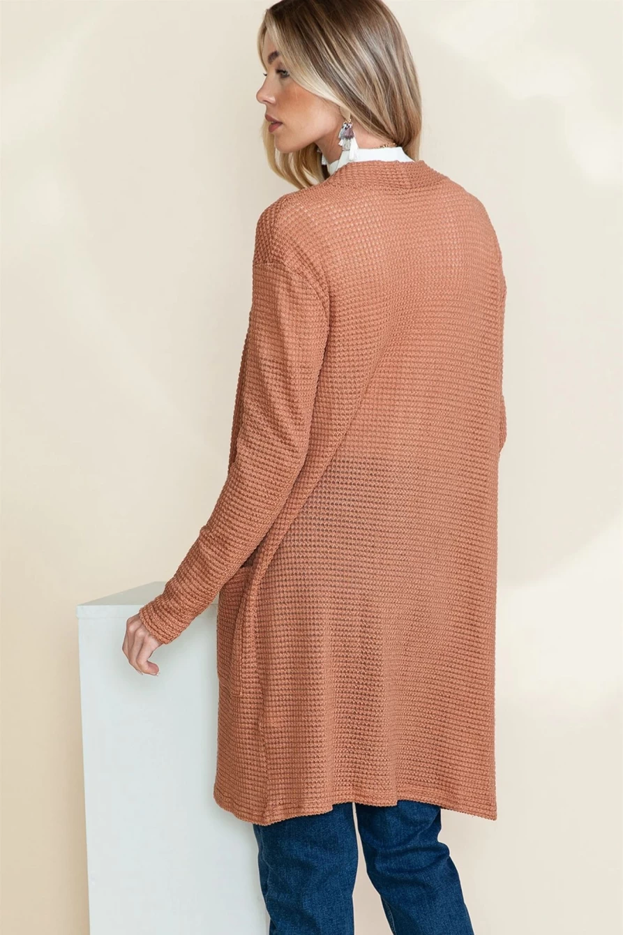 Women's Brown Waffle Knit Cardigan with Thumb Holes and Pockets - Shewin