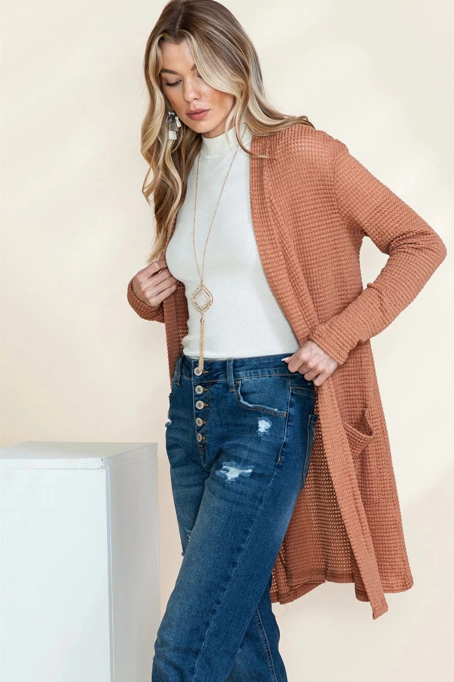 Women's Brown Waffle Knit Cardigan with Thumb Holes and Pockets - Shewin