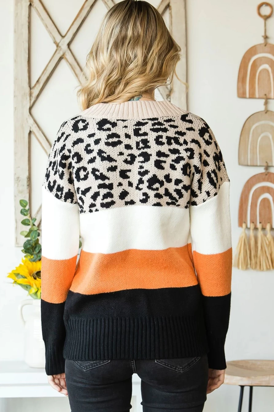 Shewin Women's Khaki Leopard Print V-Neck Casual Sweater