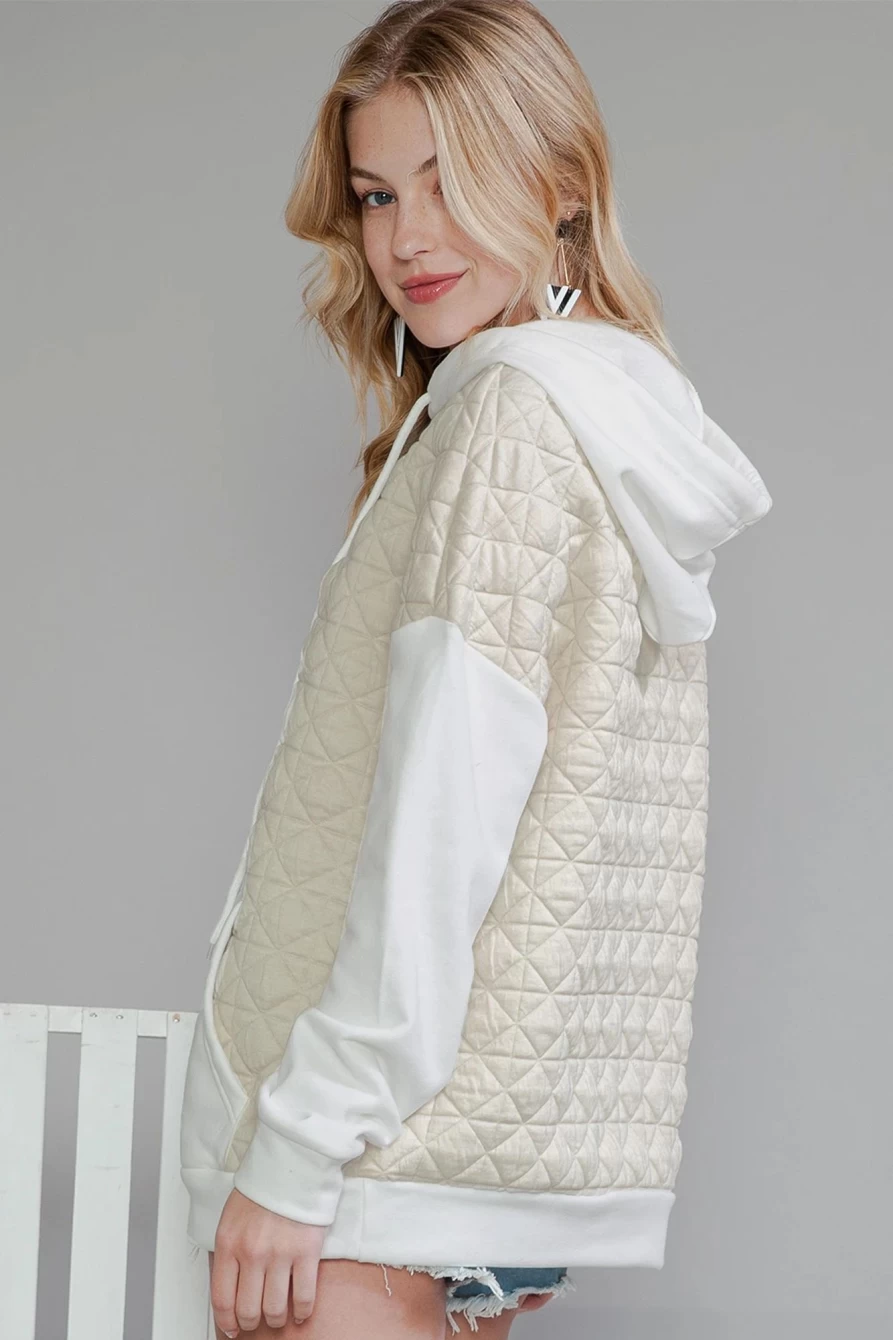 Shewin Women's Beige Drop Shoulder Hoodie with Kangaroo Pocket & Patchwork Quilted Design