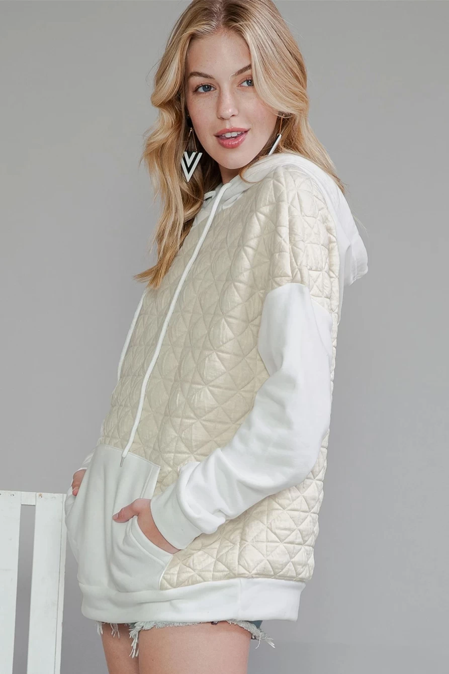 Shewin Women's Beige Drop Shoulder Hoodie with Kangaroo Pocket & Patchwork Quilted Design