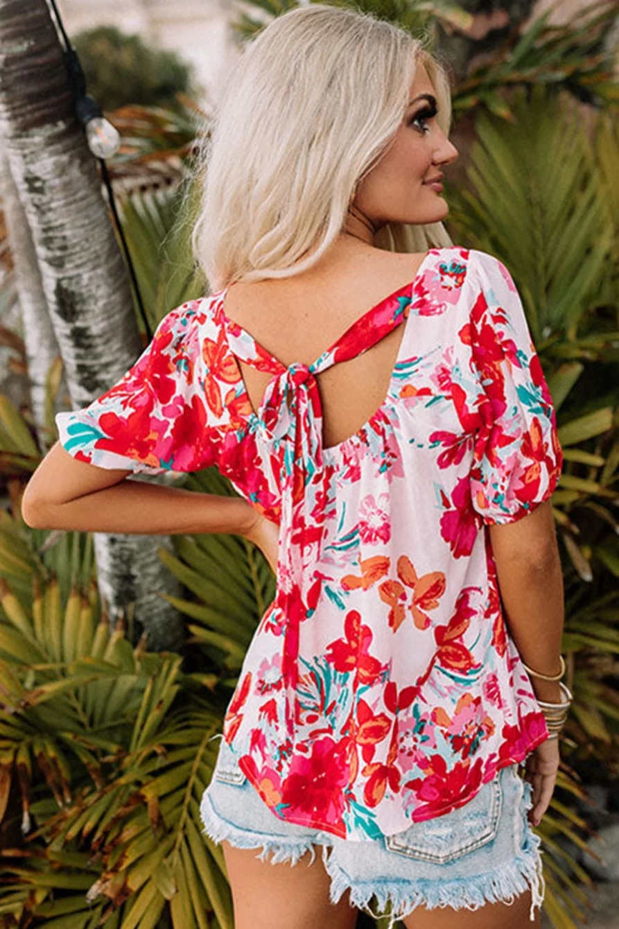 Shewin Women's Red Floral Embroidered Square Neck Blouse