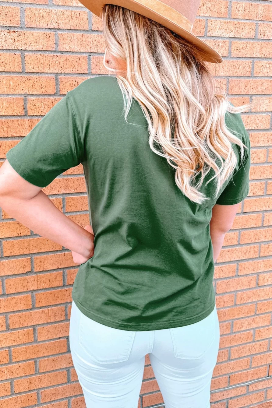 Shewin Women's Green Floral Print Crew Neck T-Shirt with Chest Pocket