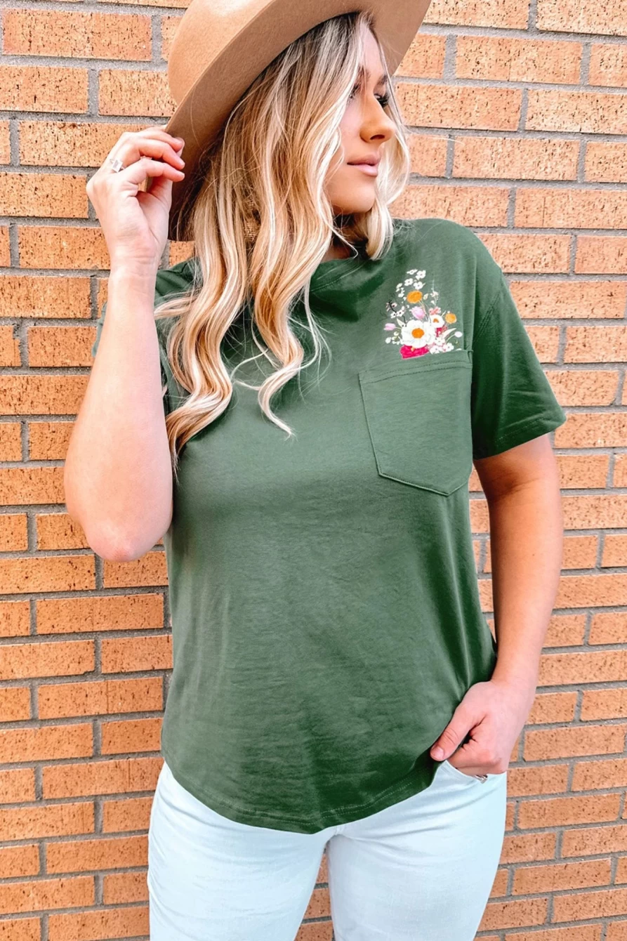Shewin Women's Green Floral Print Crew Neck T-Shirt with Chest Pocket