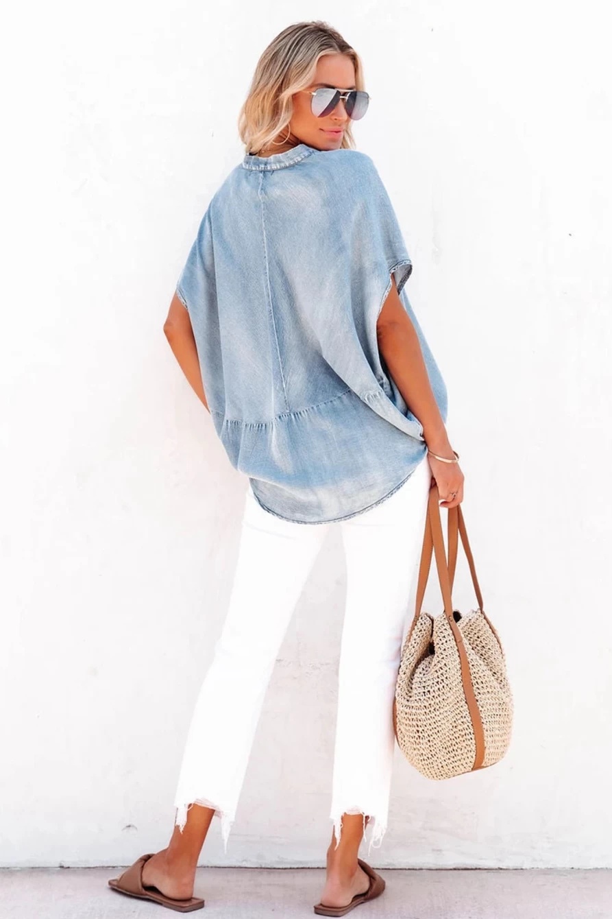 Shewin Women's Sky Blue Split V-Neck Loose Fit Denim Blouse
