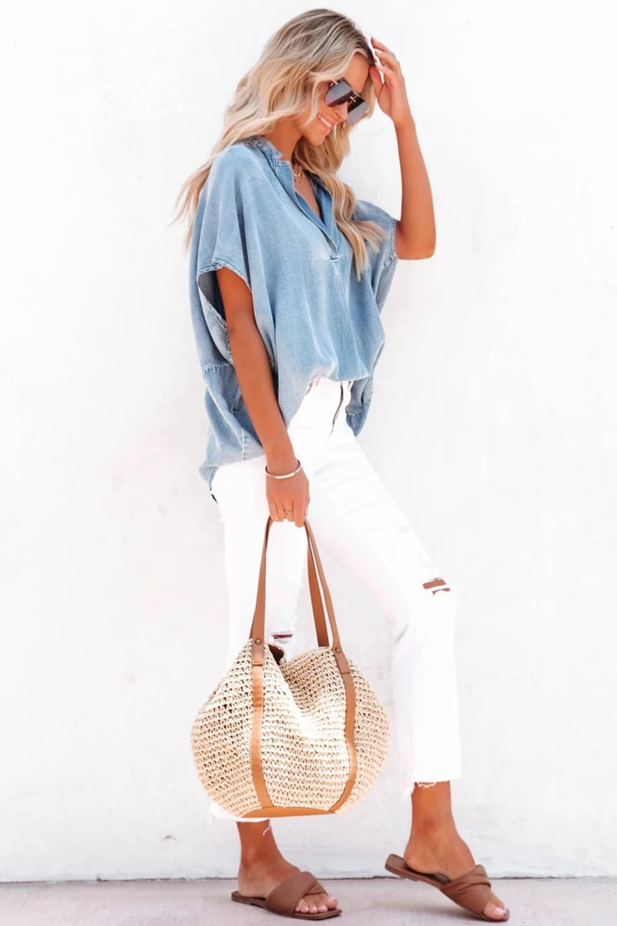 Shewin Women's Sky Blue Split V-Neck Loose Fit Denim Blouse