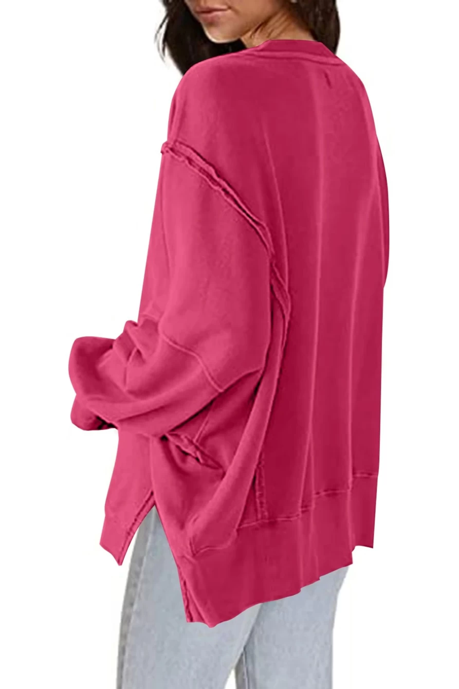 Women's Rose Exposed Seam Drop Shoulder Slit Hem Sweatshirt | SHEWIN High Low Casual Pullover