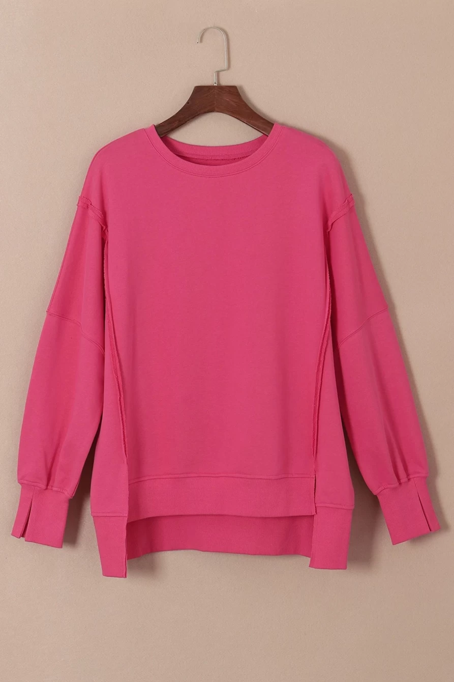 Women's Rose Exposed Seam Drop Shoulder Slit Hem Sweatshirt | SHEWIN High Low Casual Pullover