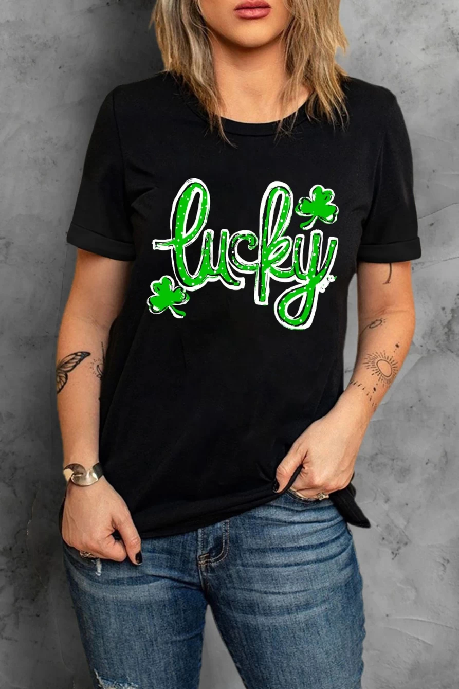 Shewin Women's Black St. Patrick's Day Lucky Clover Graphic Tee