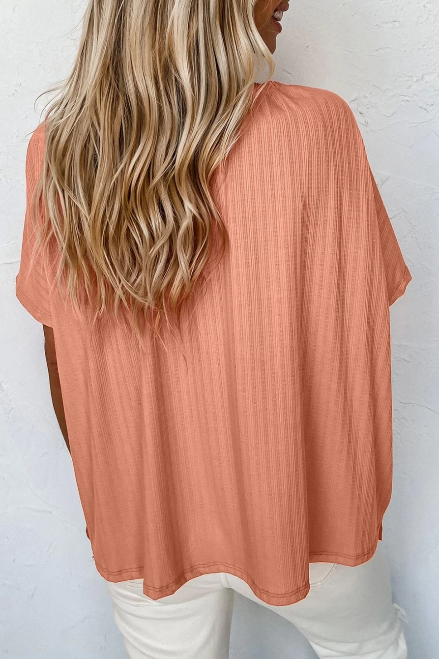 Shewin Women's Orange Textured Loose Top with Notched V-Neck & Button Front
