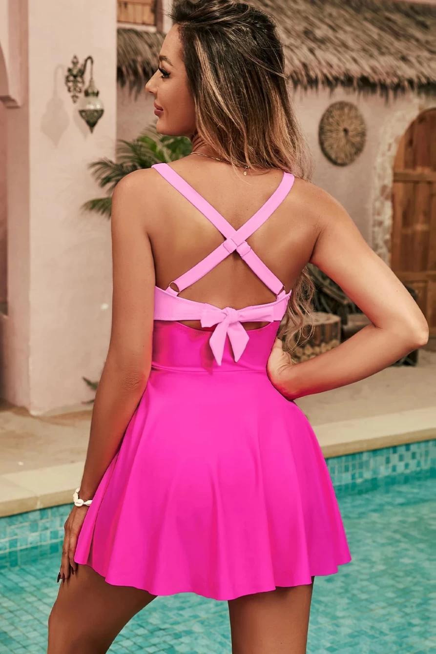 Women's Rose Red Criss Cross Back Flared One Piece Swimsuit | Shewin
